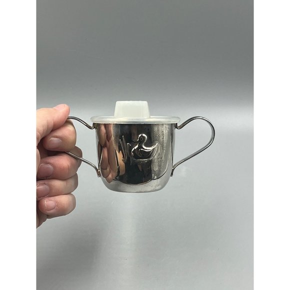 Vintage Dual Handle Silver Plated Baby/Sippy Cup w-Lid - Embossed Duck - Rebecca - Picture 1 of 9